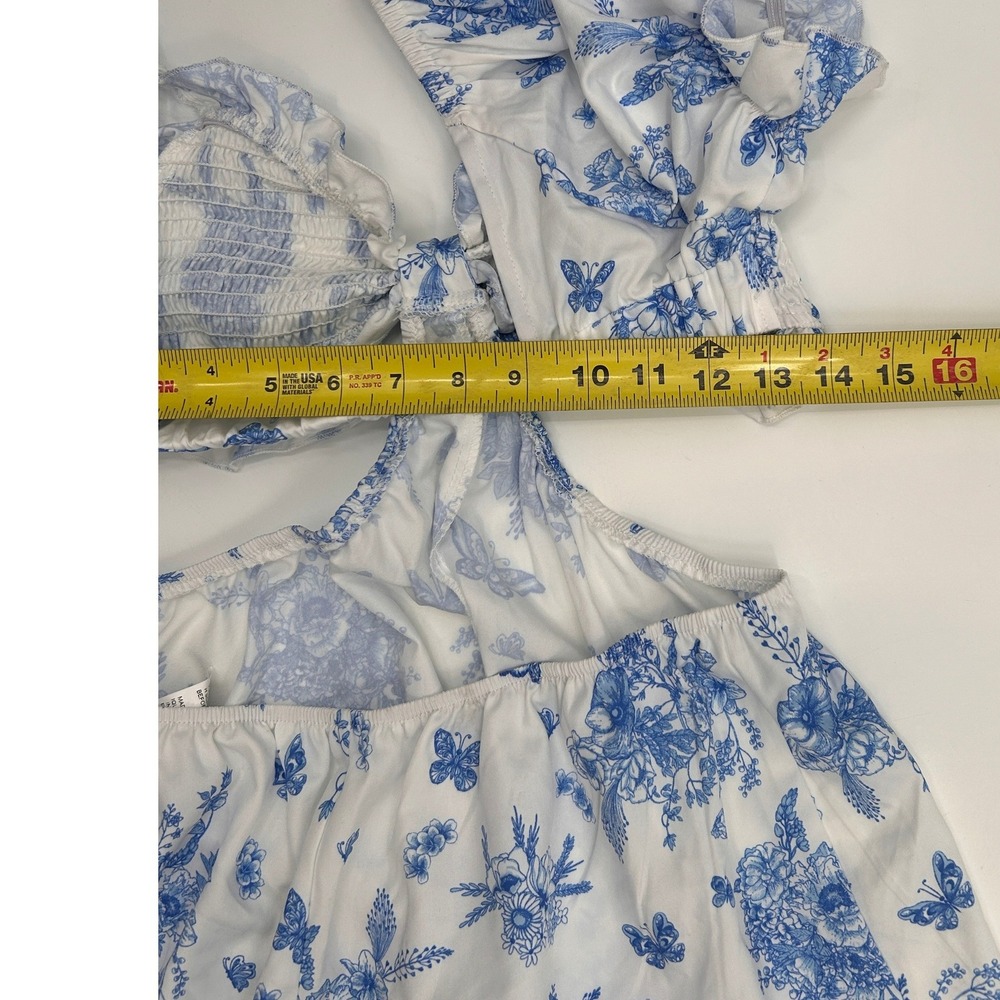 Womens Blue White Floral Cutout Mini Dress Puff Sleeve Cottagecore Boho Dress - Picture 14 of 14